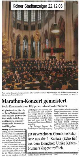 Kölner Stadtanzeiger vom 22.12.03: Marathon-Konzert gemeistert